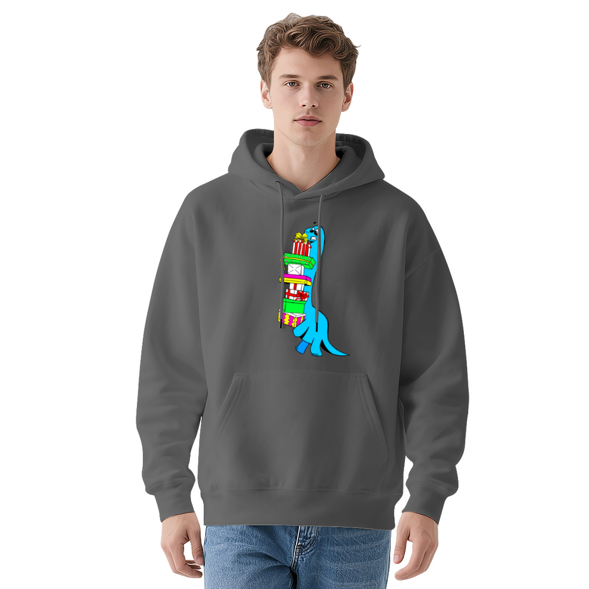Funny Blue Dinosaur Struggling with Gifts Hoodie