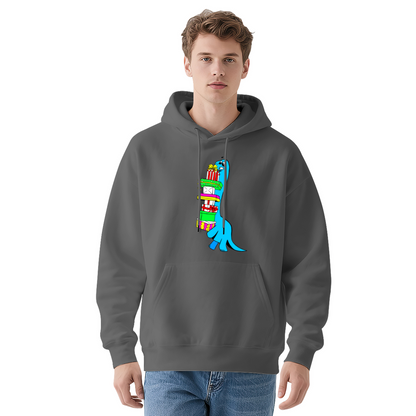 Funny Blue Dinosaur Struggling with Gifts Hoodie