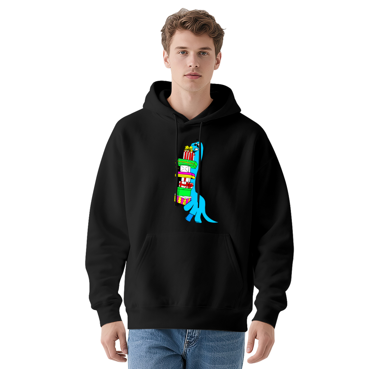Funny Blue Dinosaur Struggling with Gifts Hoodie