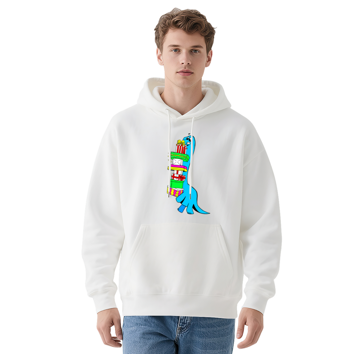 Funny Blue Dinosaur Struggling with Gifts Hoodie