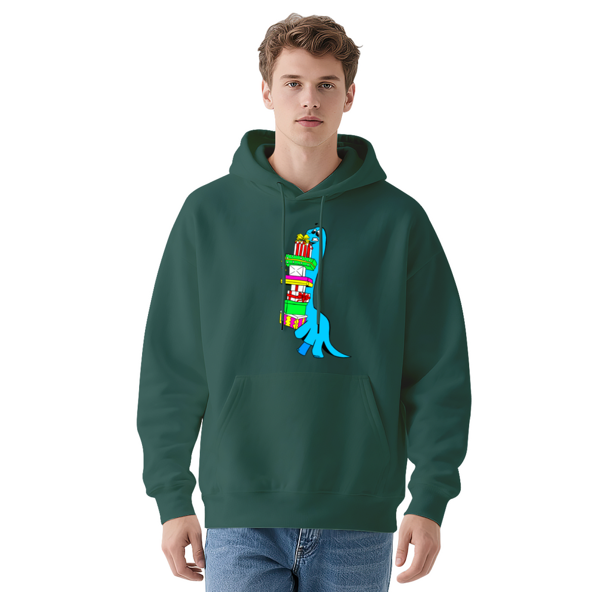 Funny Blue Dinosaur Struggling with Gifts Hoodie