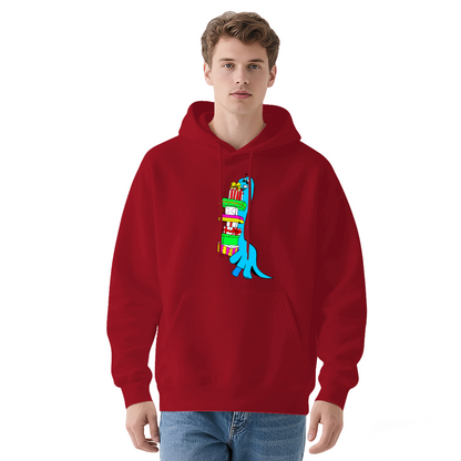 Funny Blue Dinosaur Struggling with Gifts Hoodie