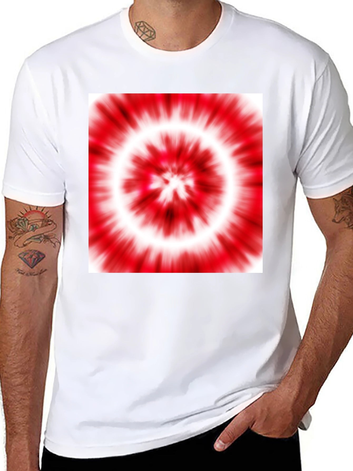 Black T-Shirt with Red and White Tie-Dye Design