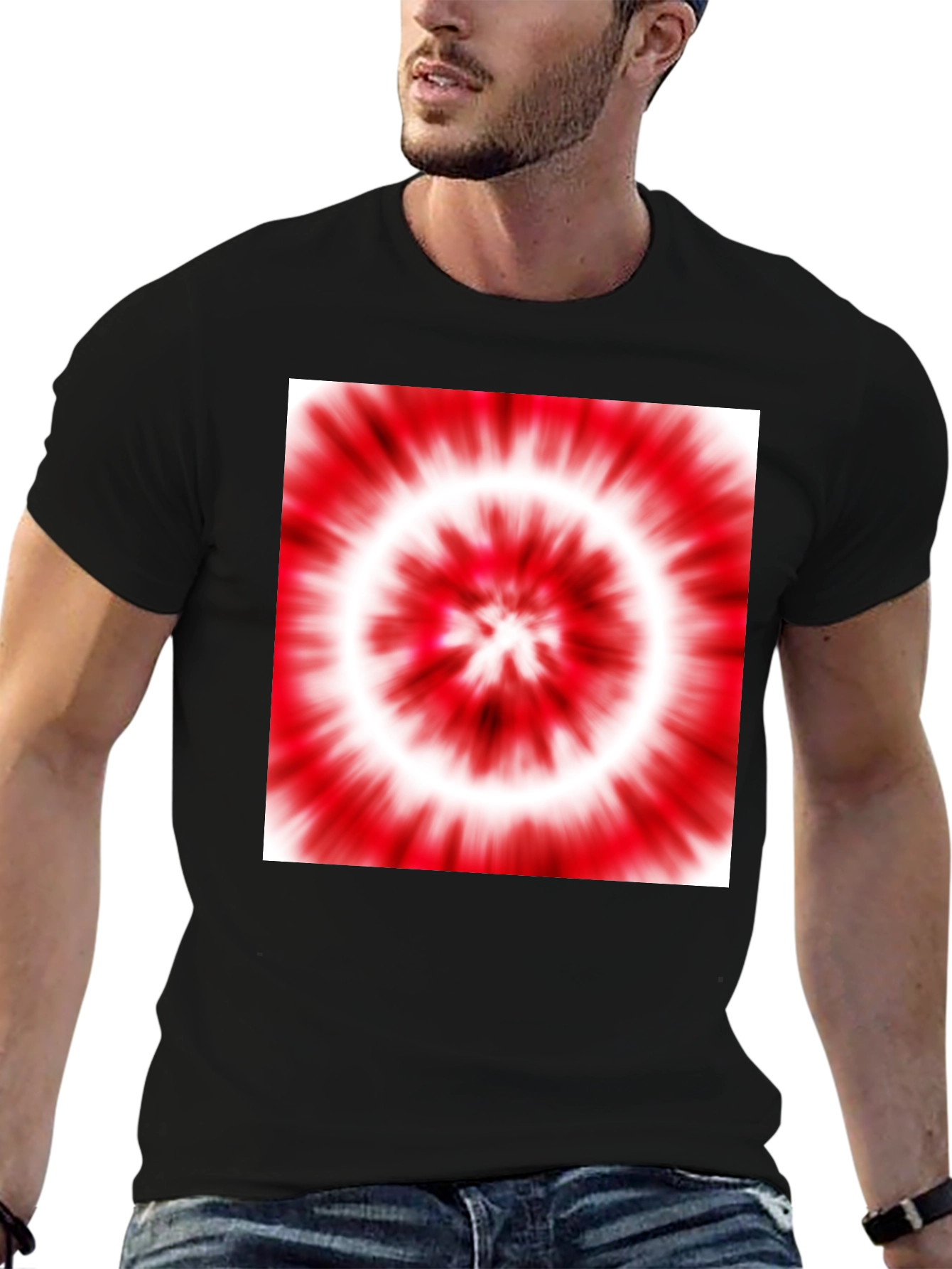 Black T-Shirt with Red and White Tie-Dye Design