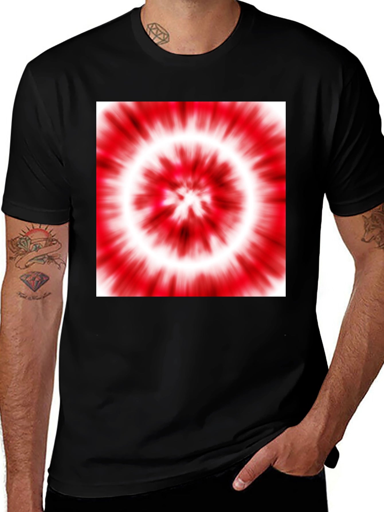 Black T-Shirt with Red and White Tie-Dye Design