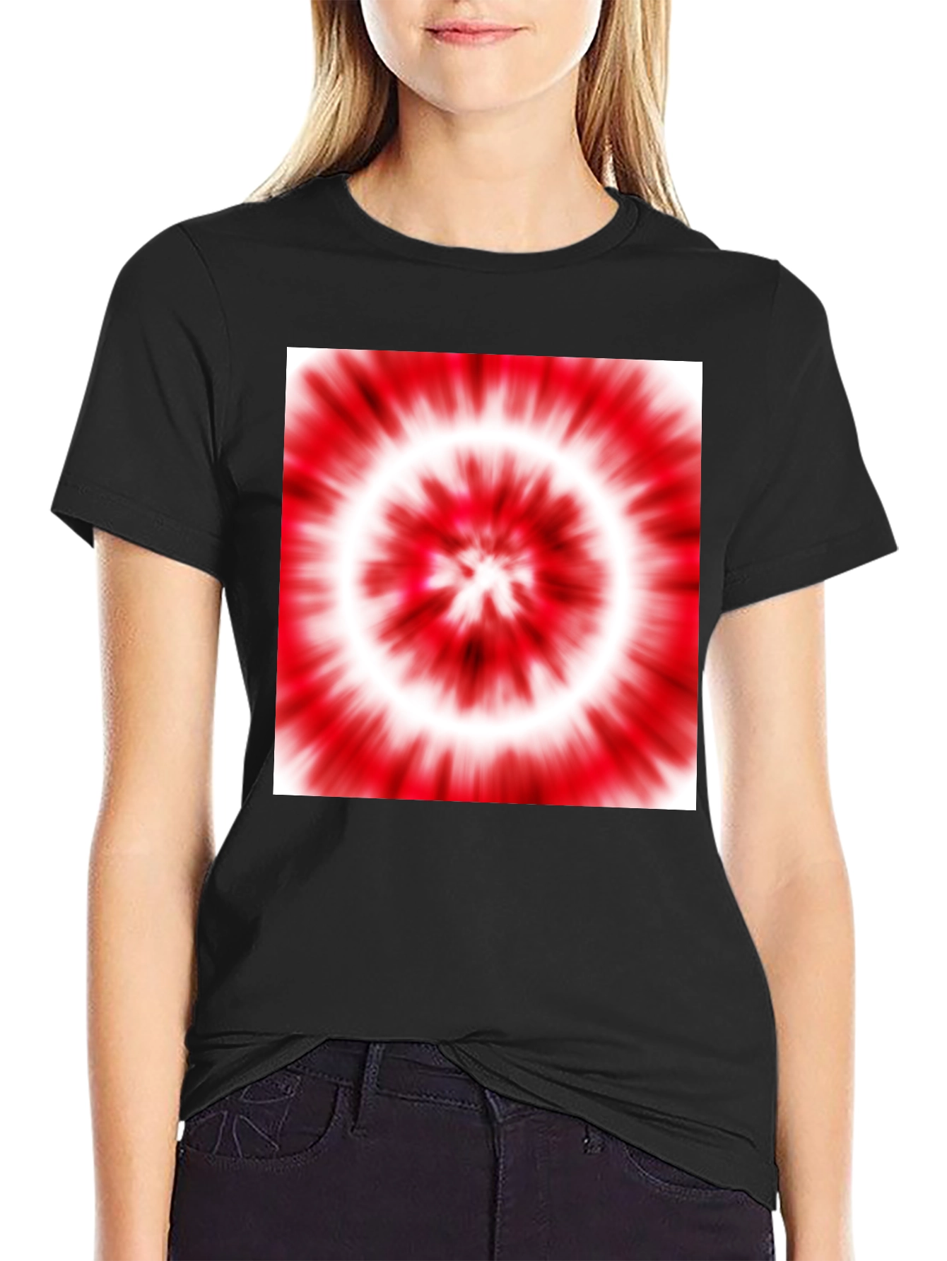Black T-Shirt with Red and White Tie-Dye Design