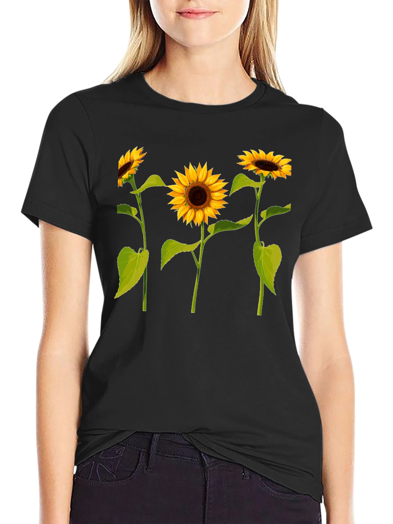Sunflower Print Black T-Shirt - Casual Wear