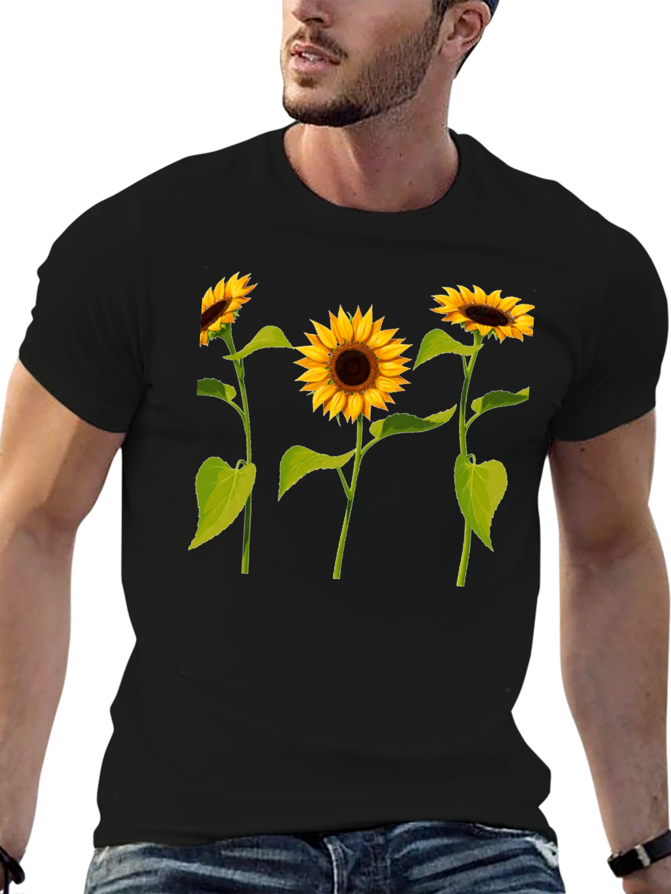 Sunflower Print Black T-Shirt - Casual Wear
