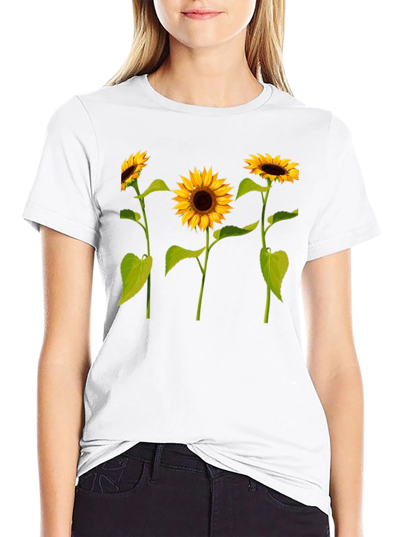 Sunflower Print Black T-Shirt - Casual Wear