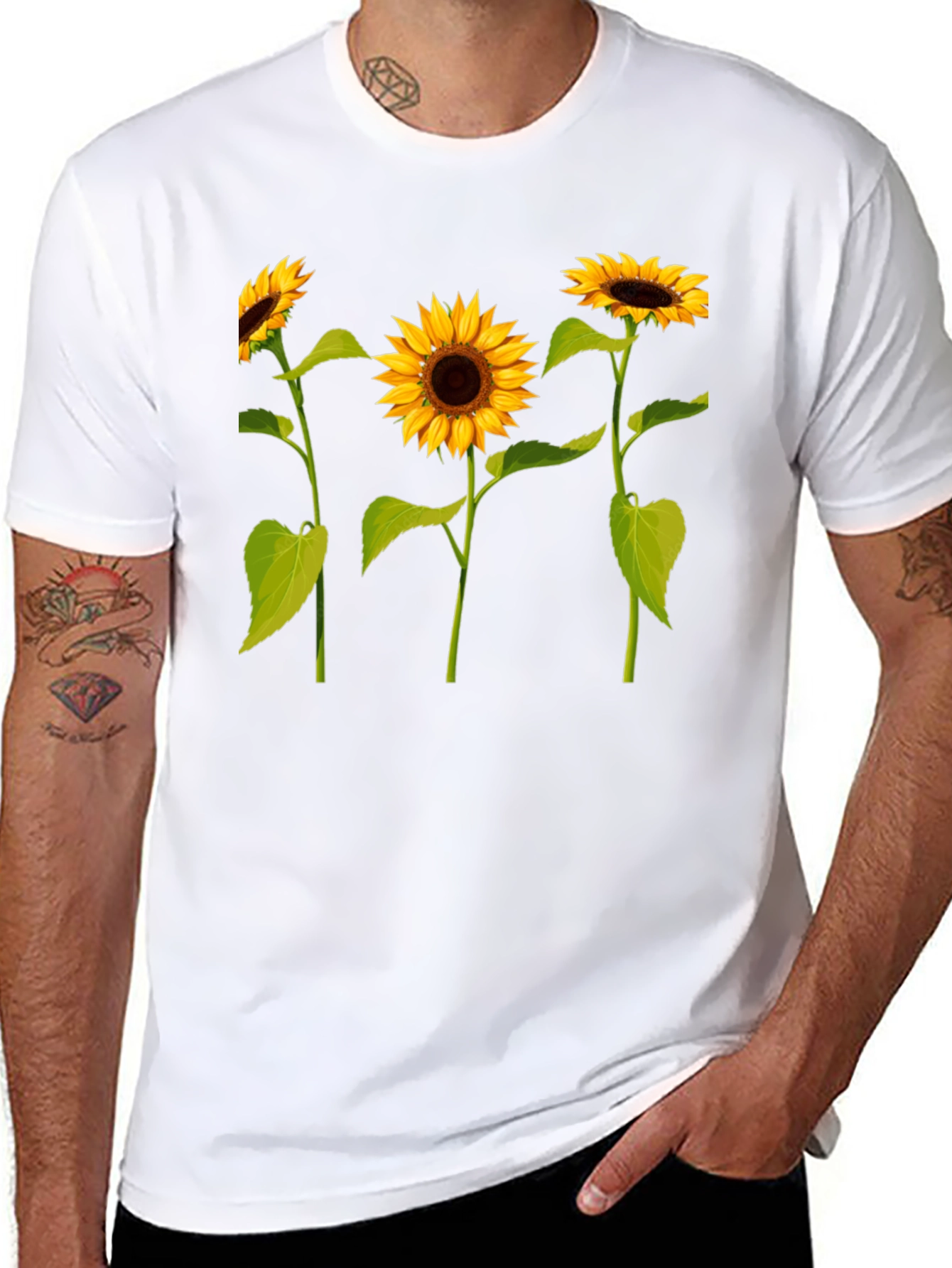 Sunflower Print Black T-Shirt - Casual Wear