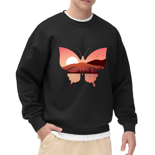 Butterfly Sunset Landscape Crewneck Sweatshirt - Nature Art Silhouette Design Pullover