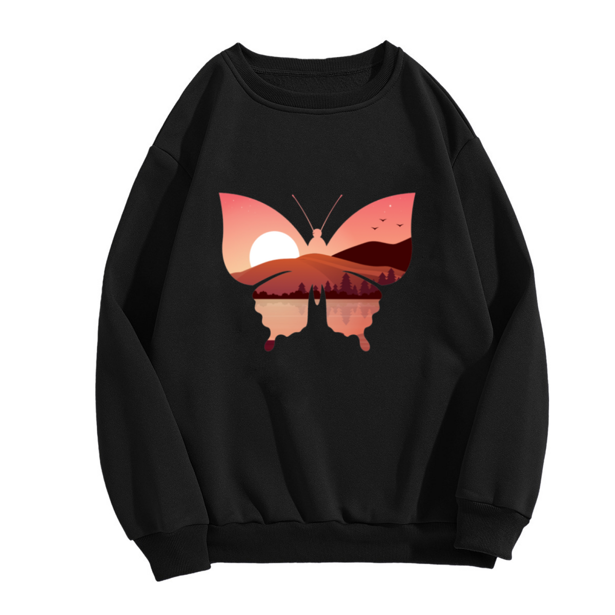 Butterfly Sunset Landscape Crewneck Sweatshirt - Nature Art Silhouette Design Pullover