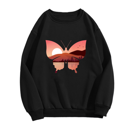 Butterfly Sunset Landscape Crewneck Sweatshirt - Nature Art Silhouette Design Pullover