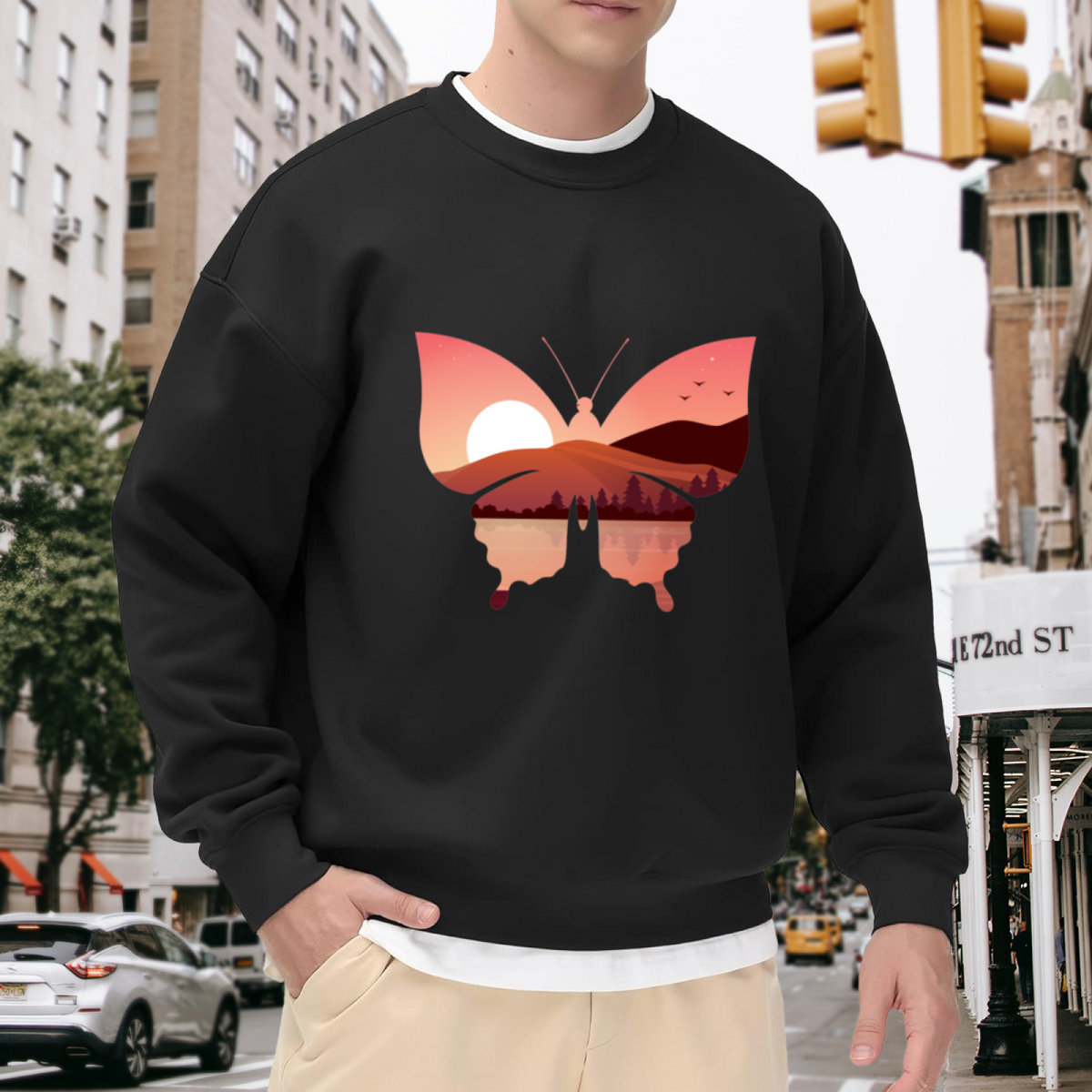 Butterfly Sunset Landscape Crewneck Sweatshirt - Nature Art Silhouette Design Pullover