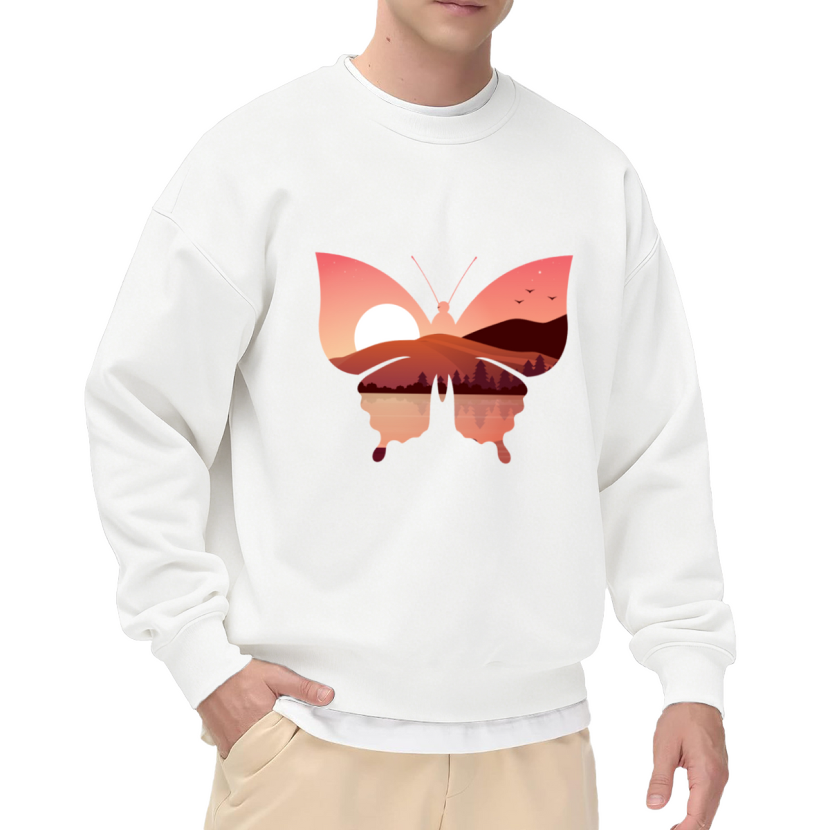 Butterfly Sunset Landscape Crewneck Sweatshirt - Nature Art Silhouette Design Pullover
