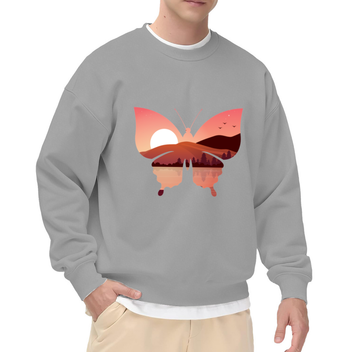 Butterfly Sunset Landscape Crewneck Sweatshirt - Nature Art Silhouette Design Pullover