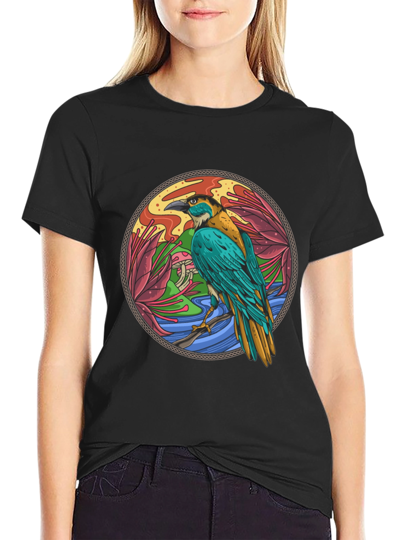 Bird Circle Graphic Print Crew Neck Black T-Shirt
