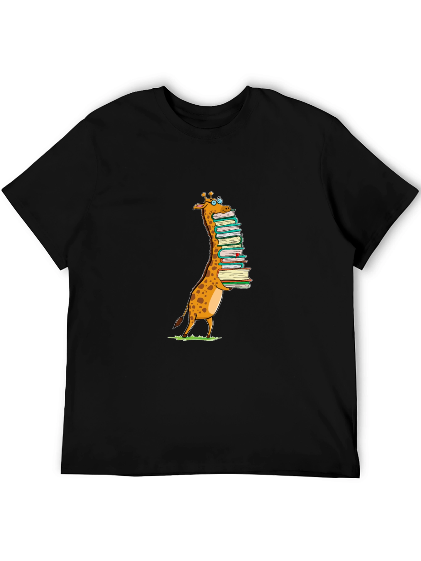 Giraffe with Books T-Shirt - Black Cotton Tee