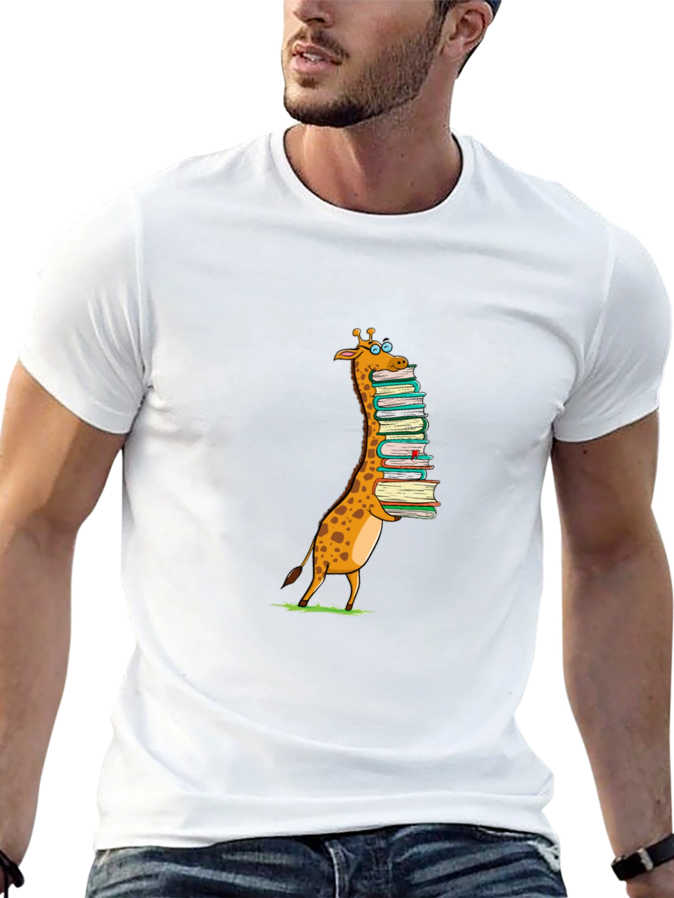 Giraffe with Books T-Shirt - Black Cotton Tee