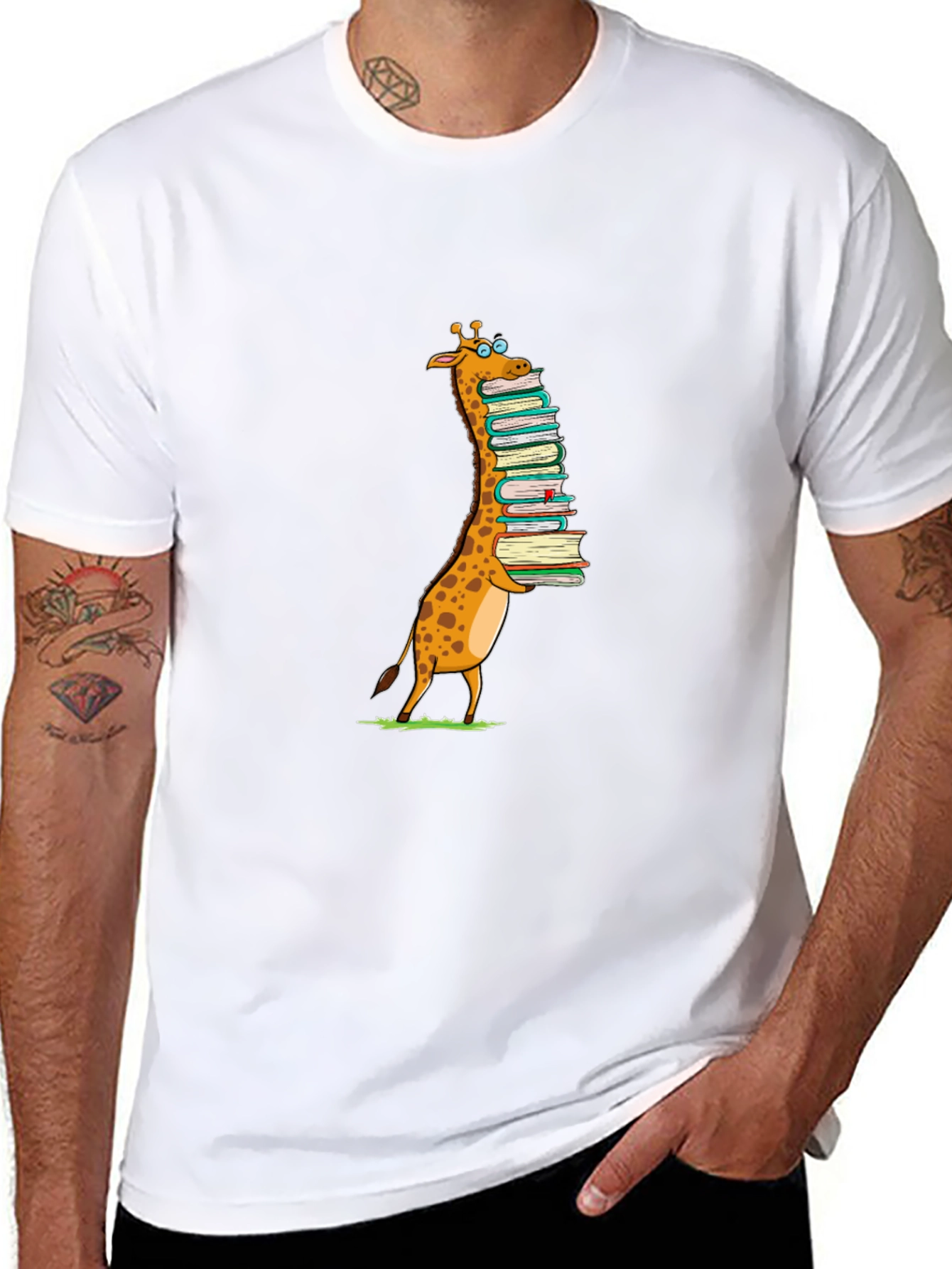 Giraffe with Books T-Shirt - Black Cotton Tee