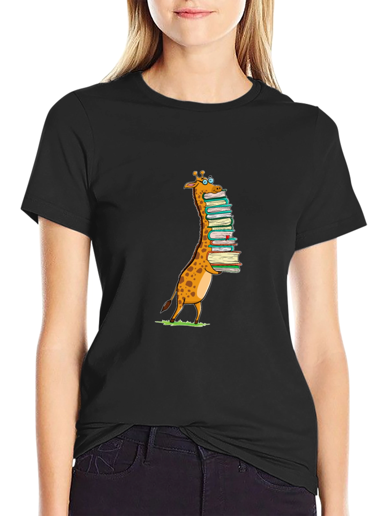 Giraffe with Books T-Shirt - Black Cotton Tee