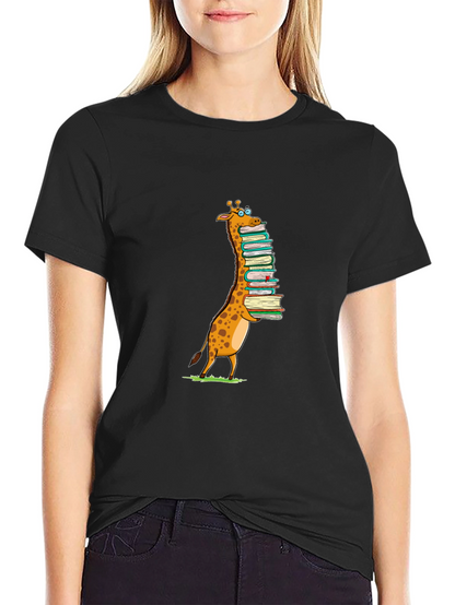 Giraffe with Books T-Shirt - Black Cotton Tee