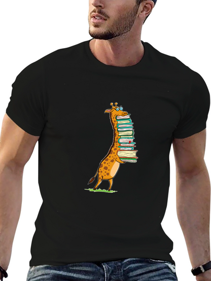 Giraffe with Books T-Shirt - Black Cotton Tee