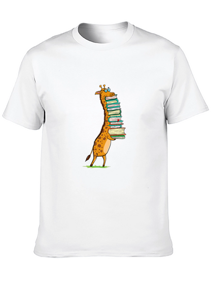 Giraffe with Books T-Shirt - Black Cotton Tee