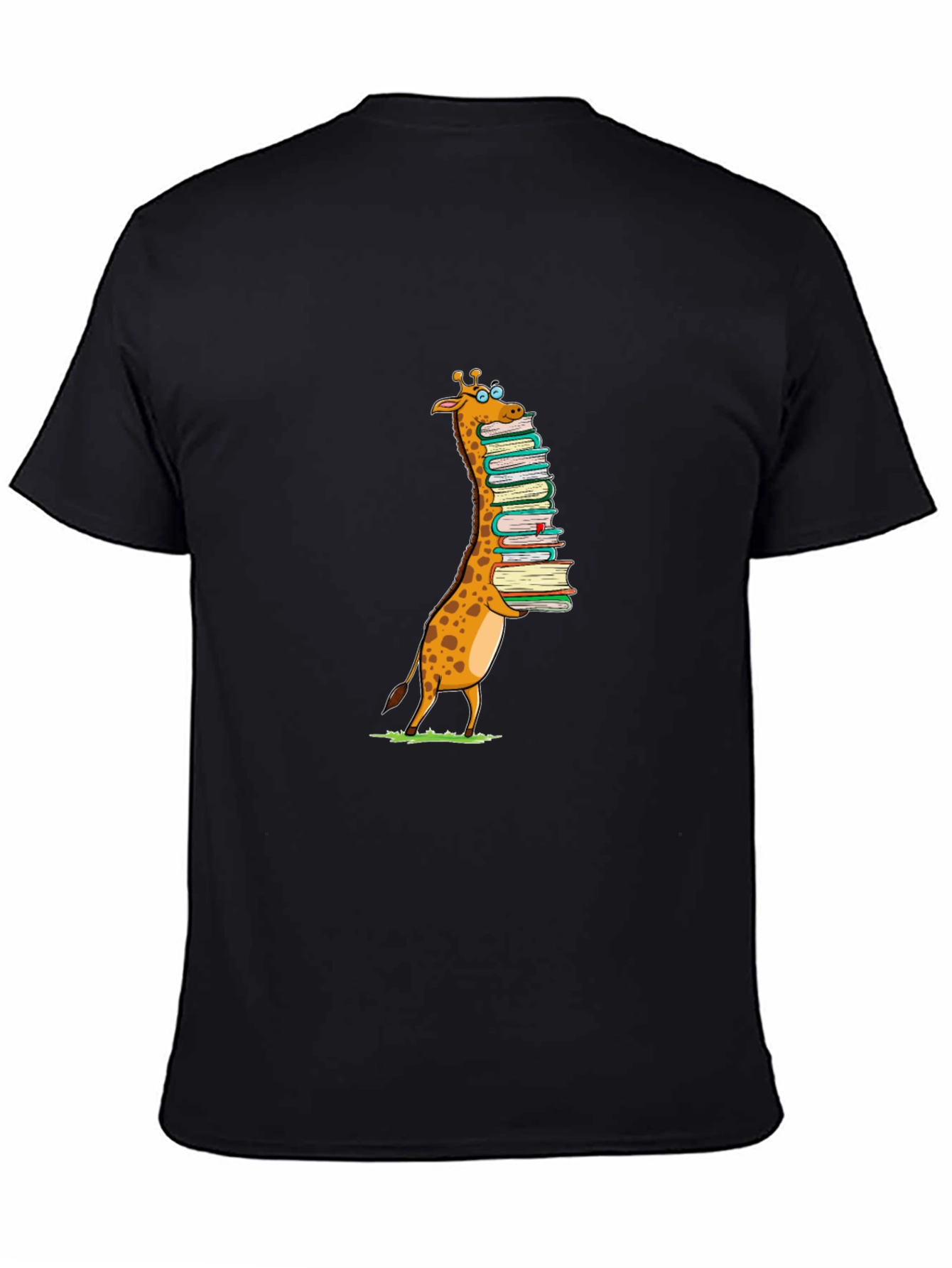 Giraffe with Books T-Shirt - Black Cotton Tee