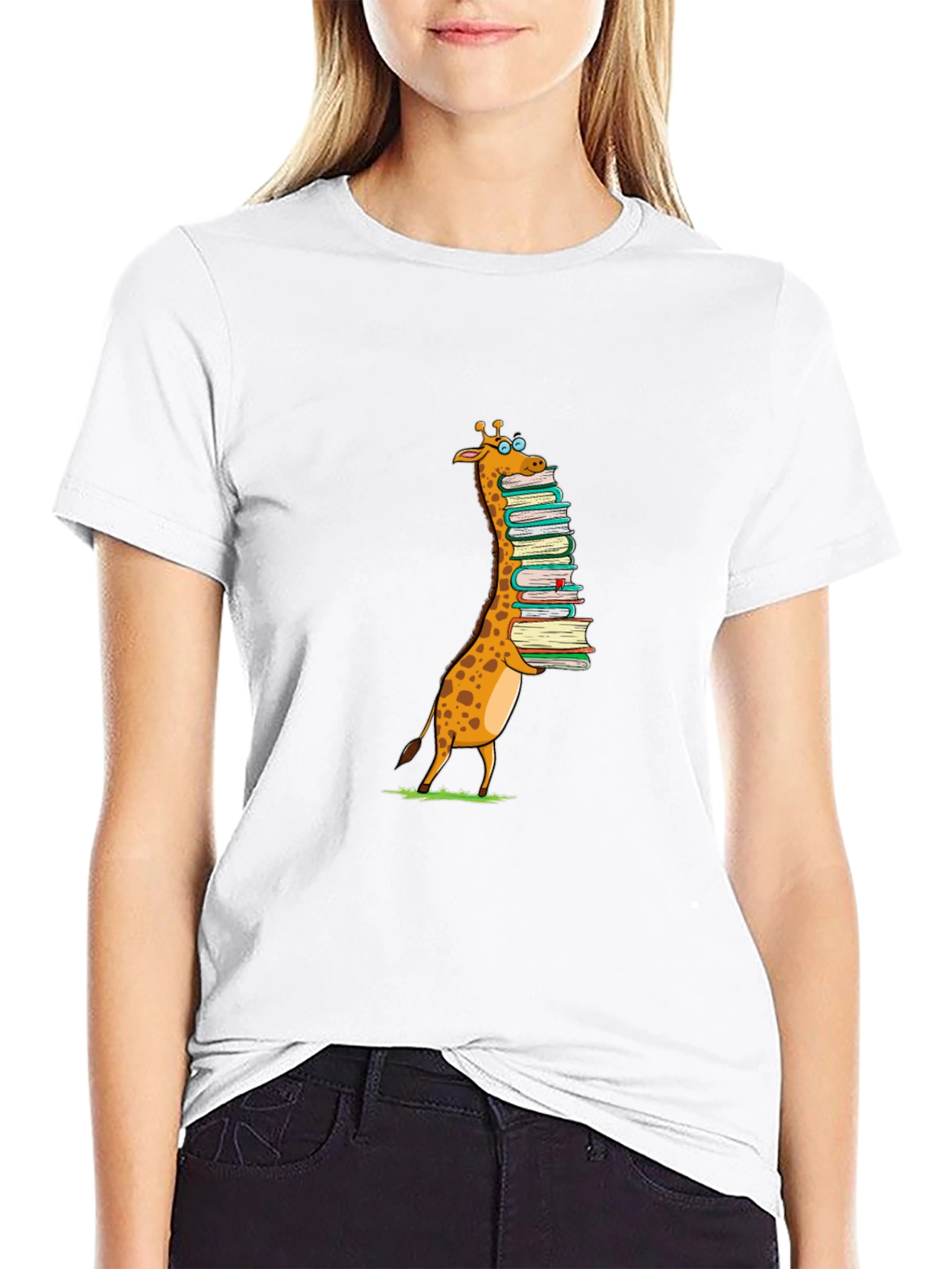 Giraffe with Books T-Shirt - Black Cotton Tee