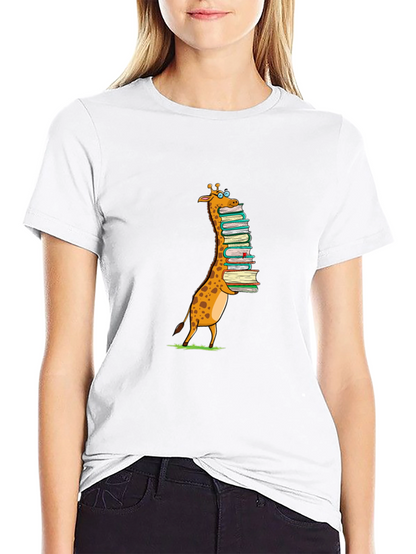 Giraffe with Books T-Shirt - Black Cotton Tee