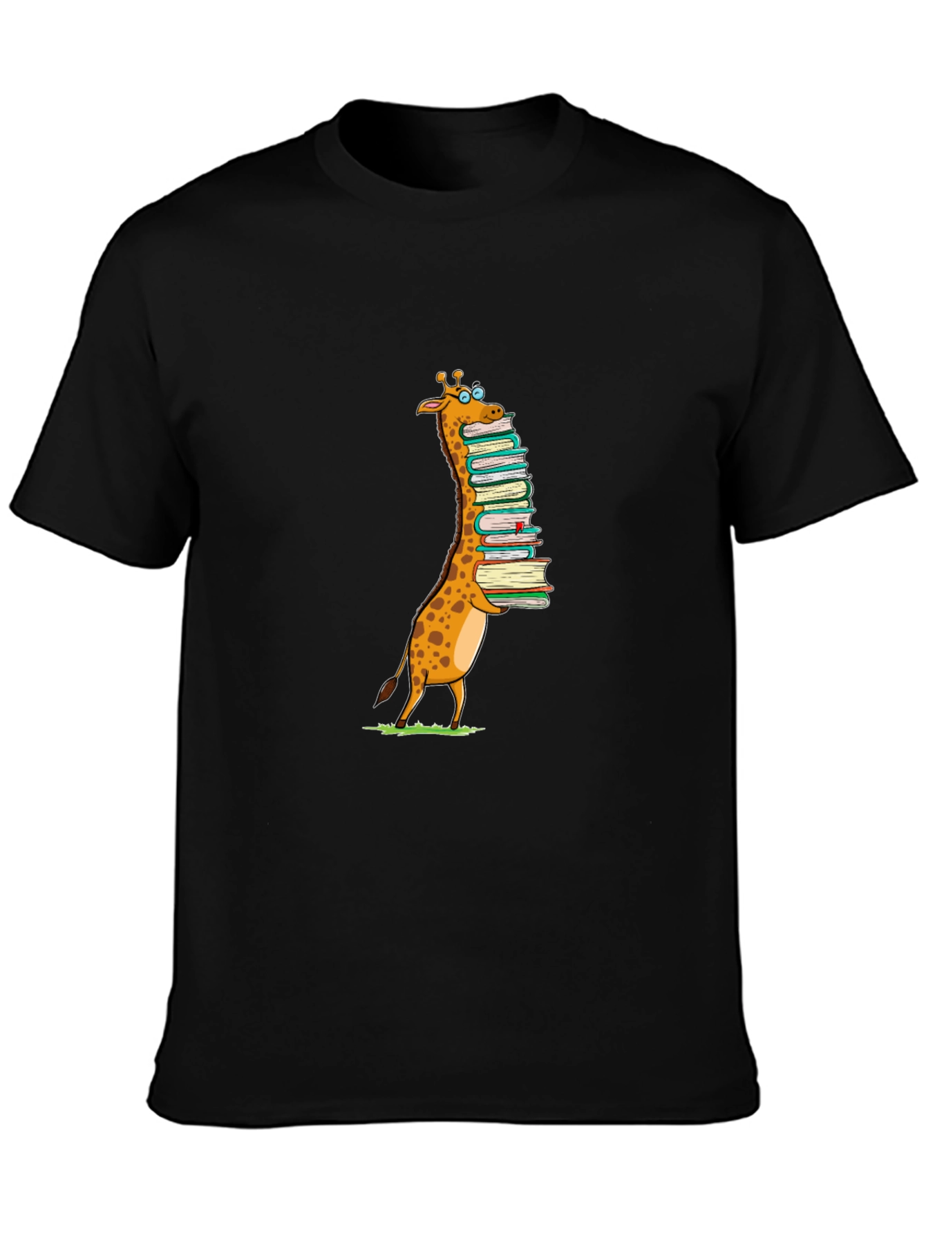 Giraffe with Books T-Shirt - Black Cotton Tee