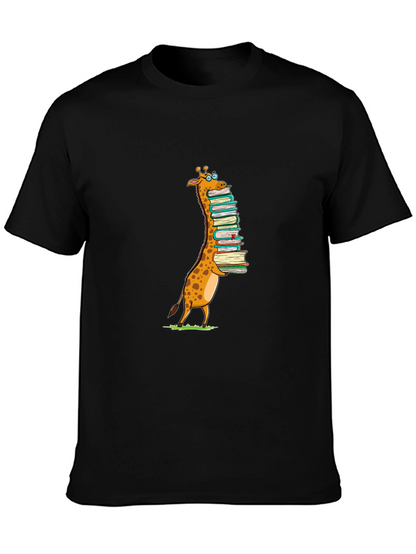 Giraffe with Books T-Shirt - Black Cotton Tee