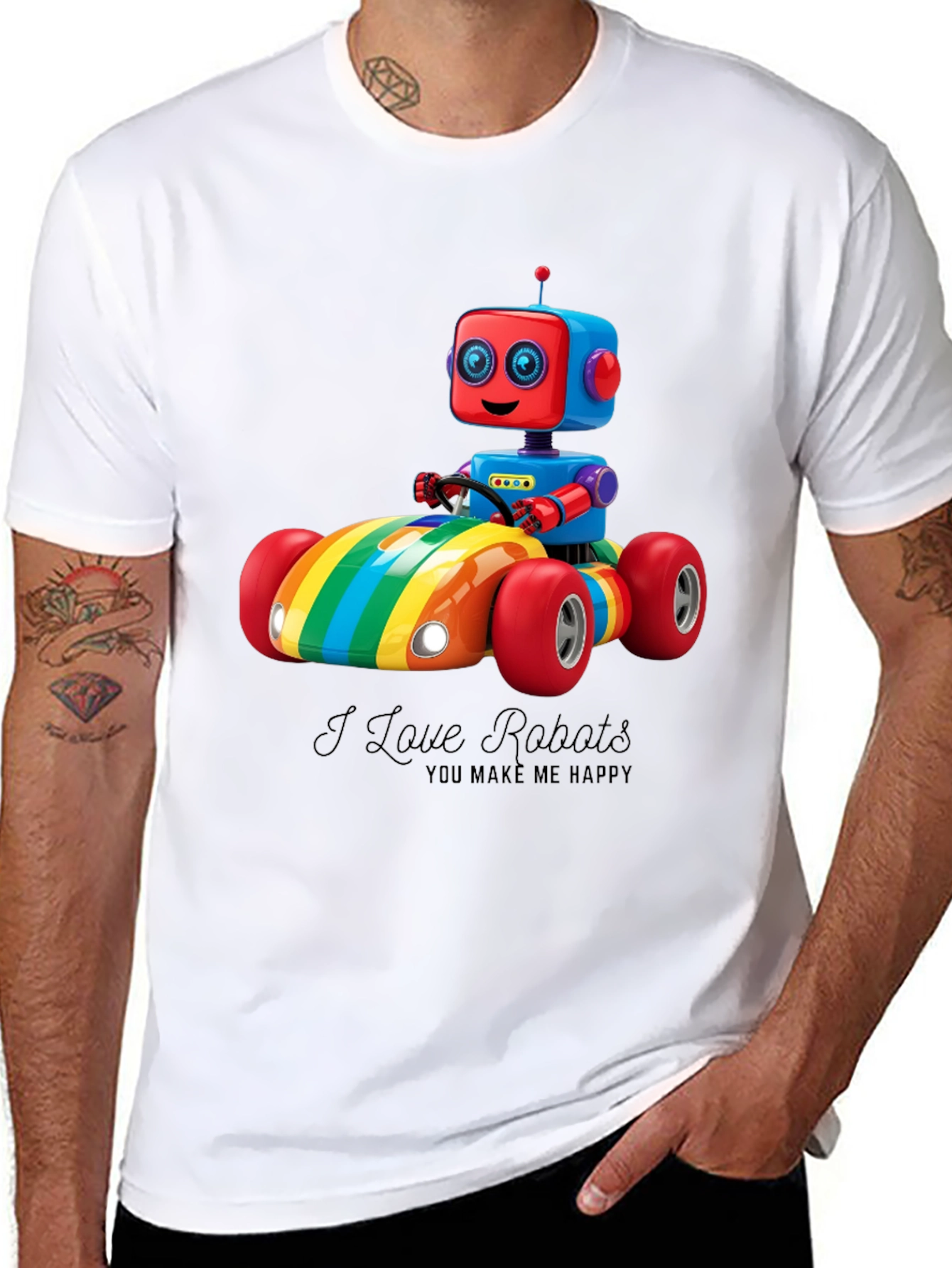 I Love Robots T-Shirt: Rainbow Robot Car Design