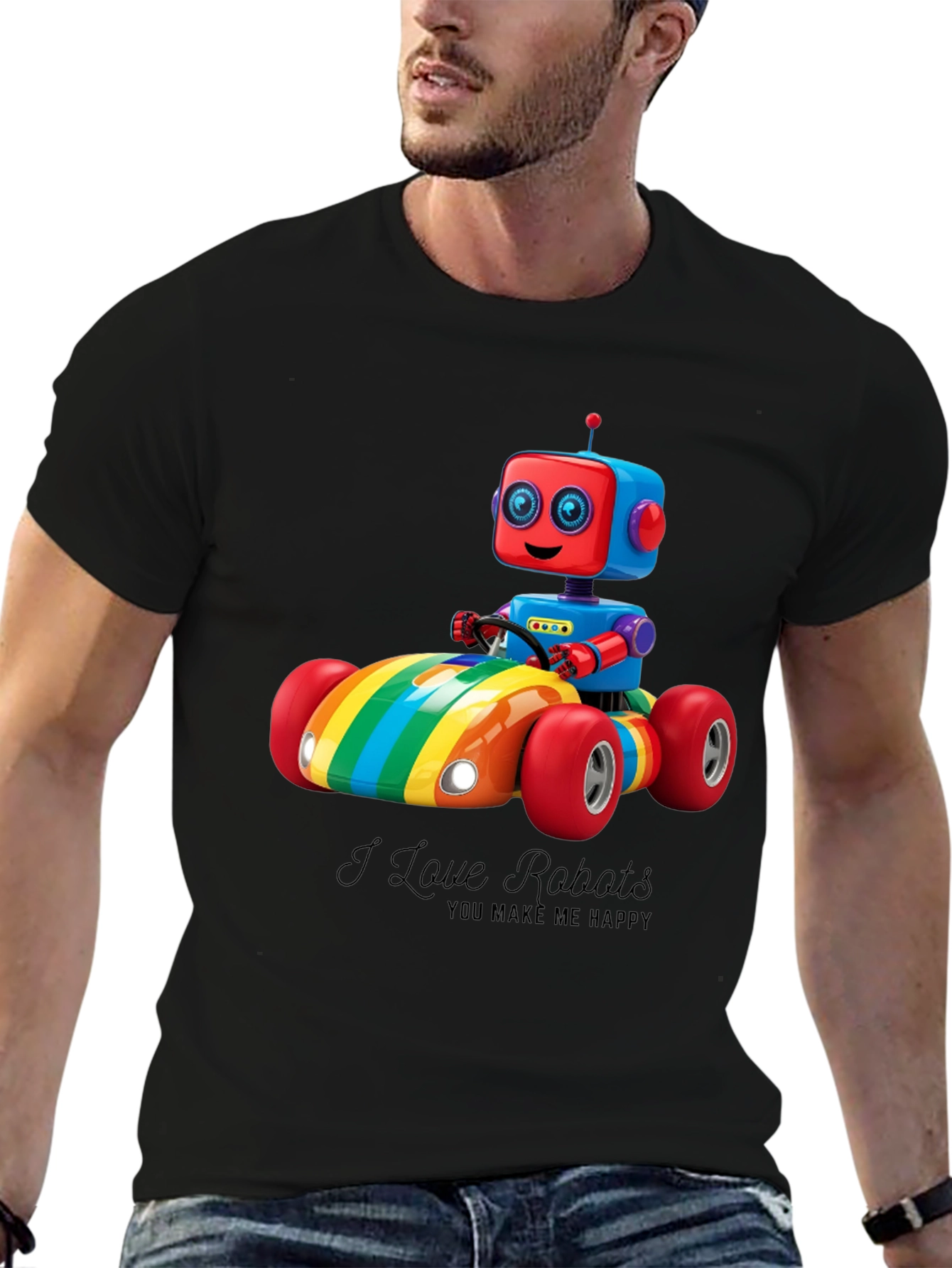 I Love Robots T-Shirt: Rainbow Robot Car Design