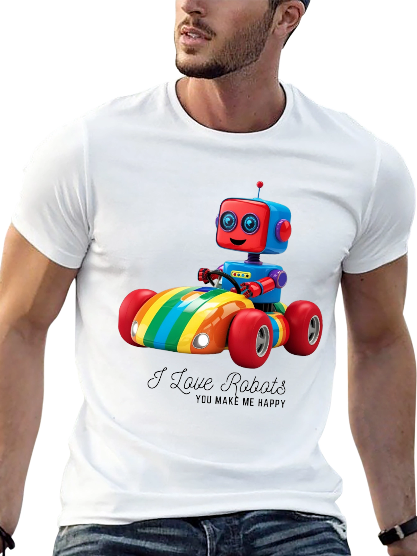 I Love Robots T-Shirt: Rainbow Robot Car Design