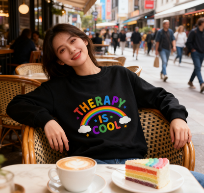 Uplifting Rainbow & "Therapy Is Cool" Statement Sweatshirt