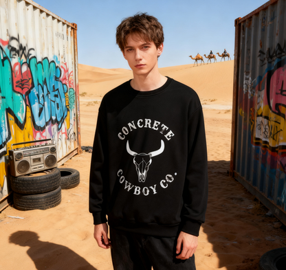 Playful "Concrete Cowboy Co." Bull Skull Western Sweatshirt