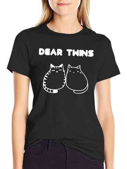 Dear Twins Cat Graphic Tee - Black Cotton T-Shirt