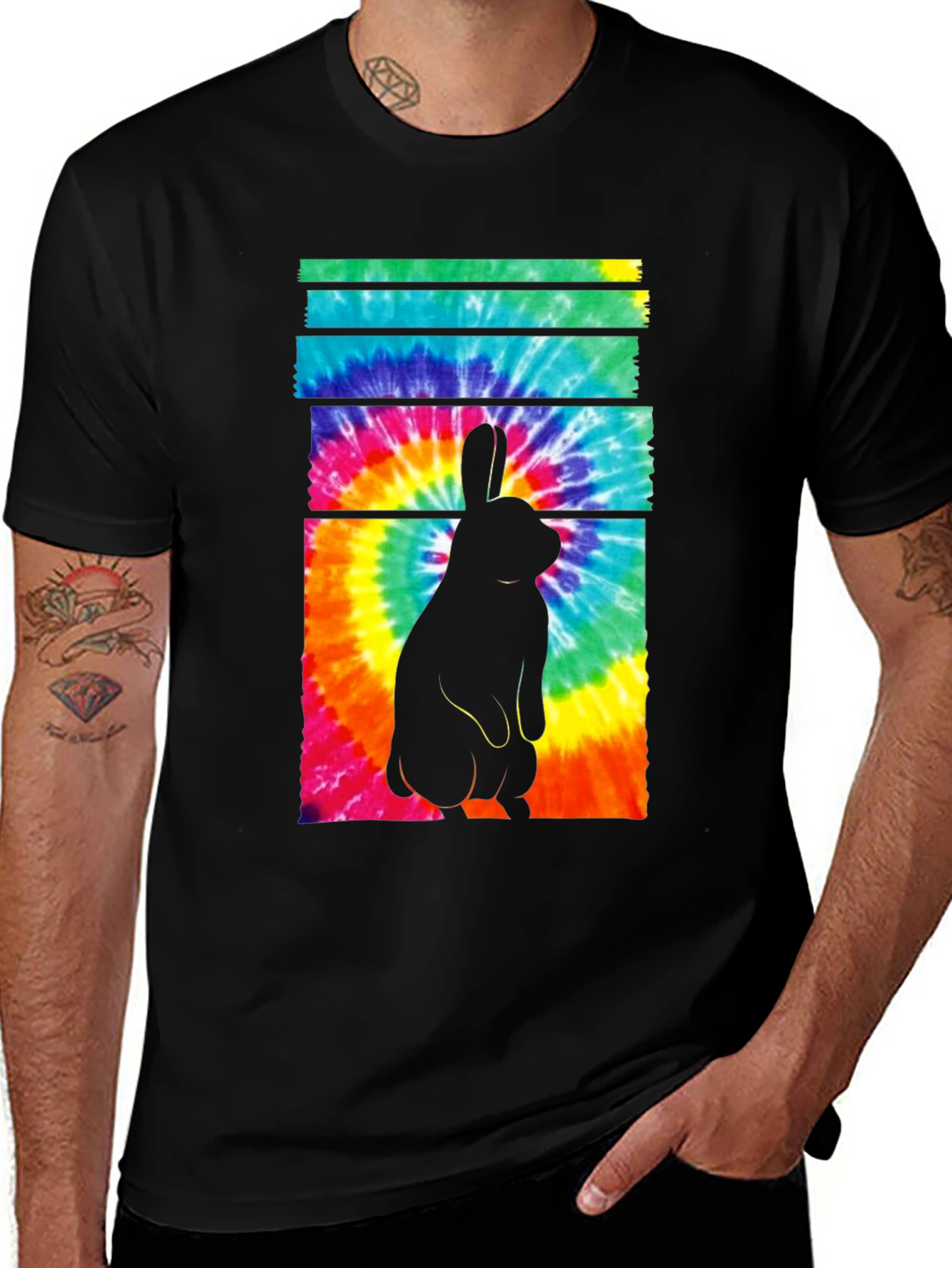 Tie-Dye Rabbit Graphic Tee - Casual Black T-Shirt