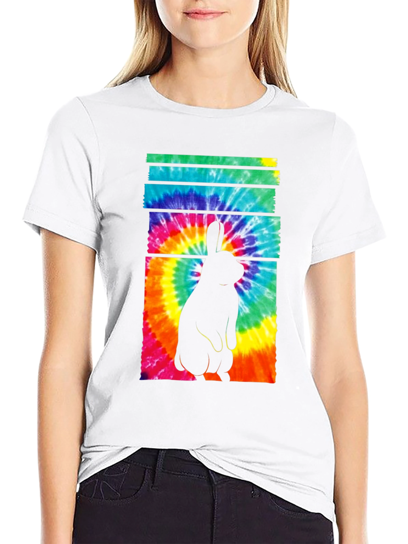 Tie-Dye Rabbit Graphic Tee - Casual Black T-Shirt