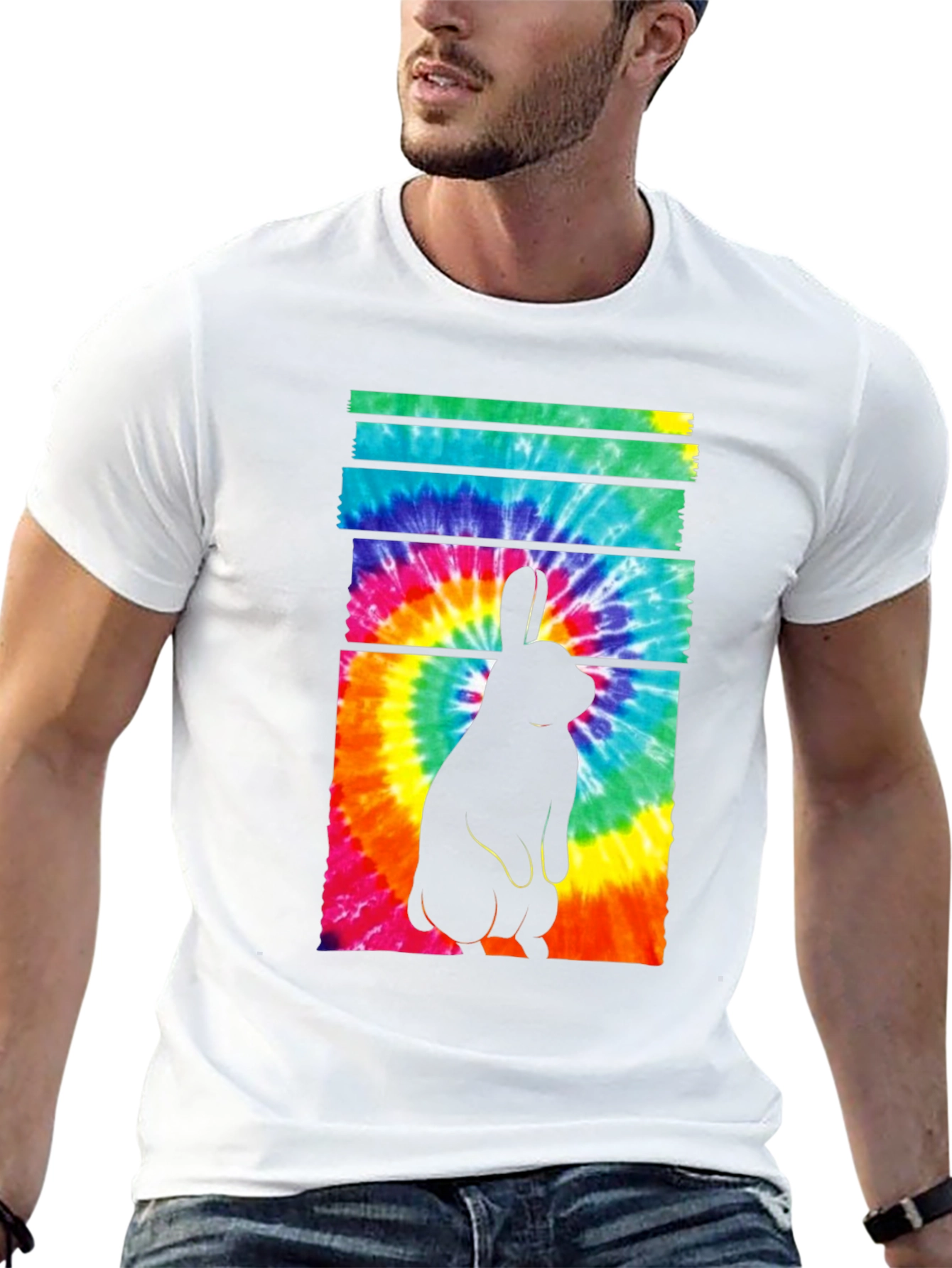 Tie-Dye Rabbit Graphic Tee - Casual Black T-Shirt