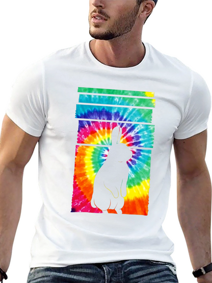 Tie-Dye Rabbit Graphic Tee - Casual Black T-Shirt