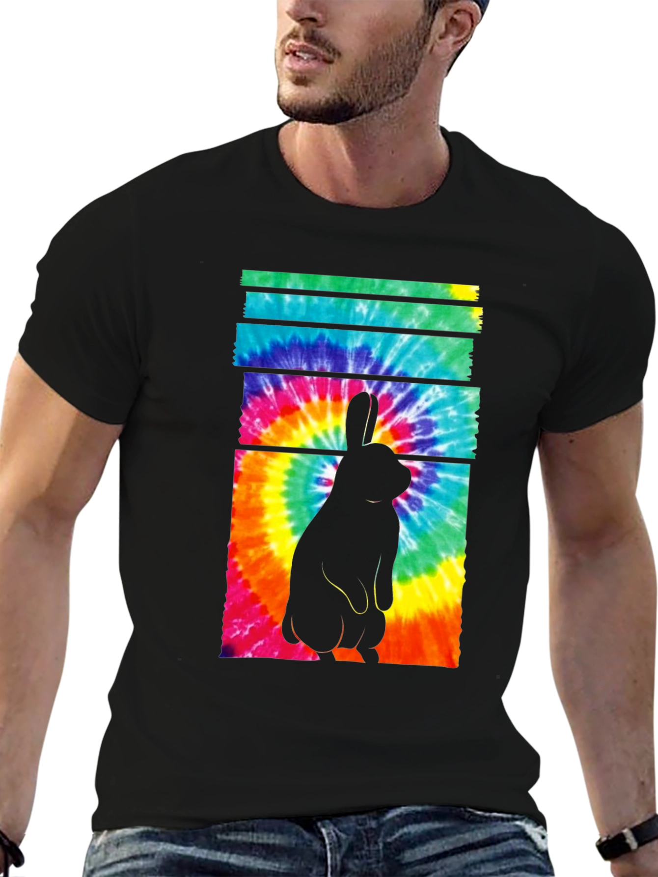 Tie-Dye Rabbit Graphic Tee - Casual Black T-Shirt
