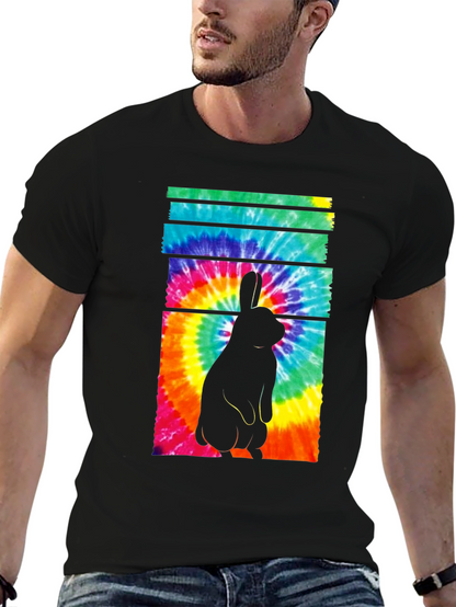 Tie-Dye Rabbit Graphic Tee - Casual Black T-Shirt