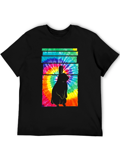 Tie-Dye Rabbit Graphic Tee - Casual Black T-Shirt