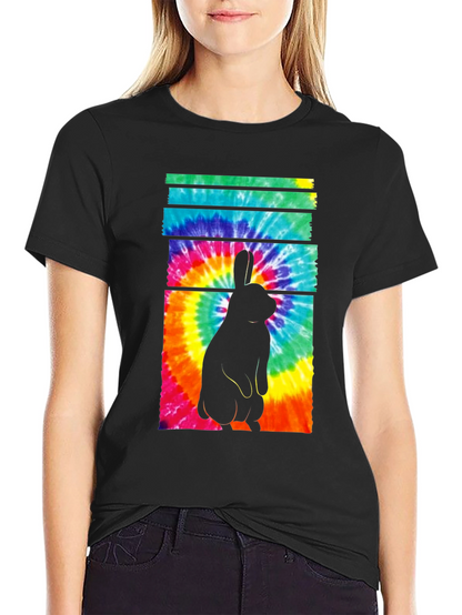 Tie-Dye Rabbit Graphic Tee - Casual Black T-Shirt