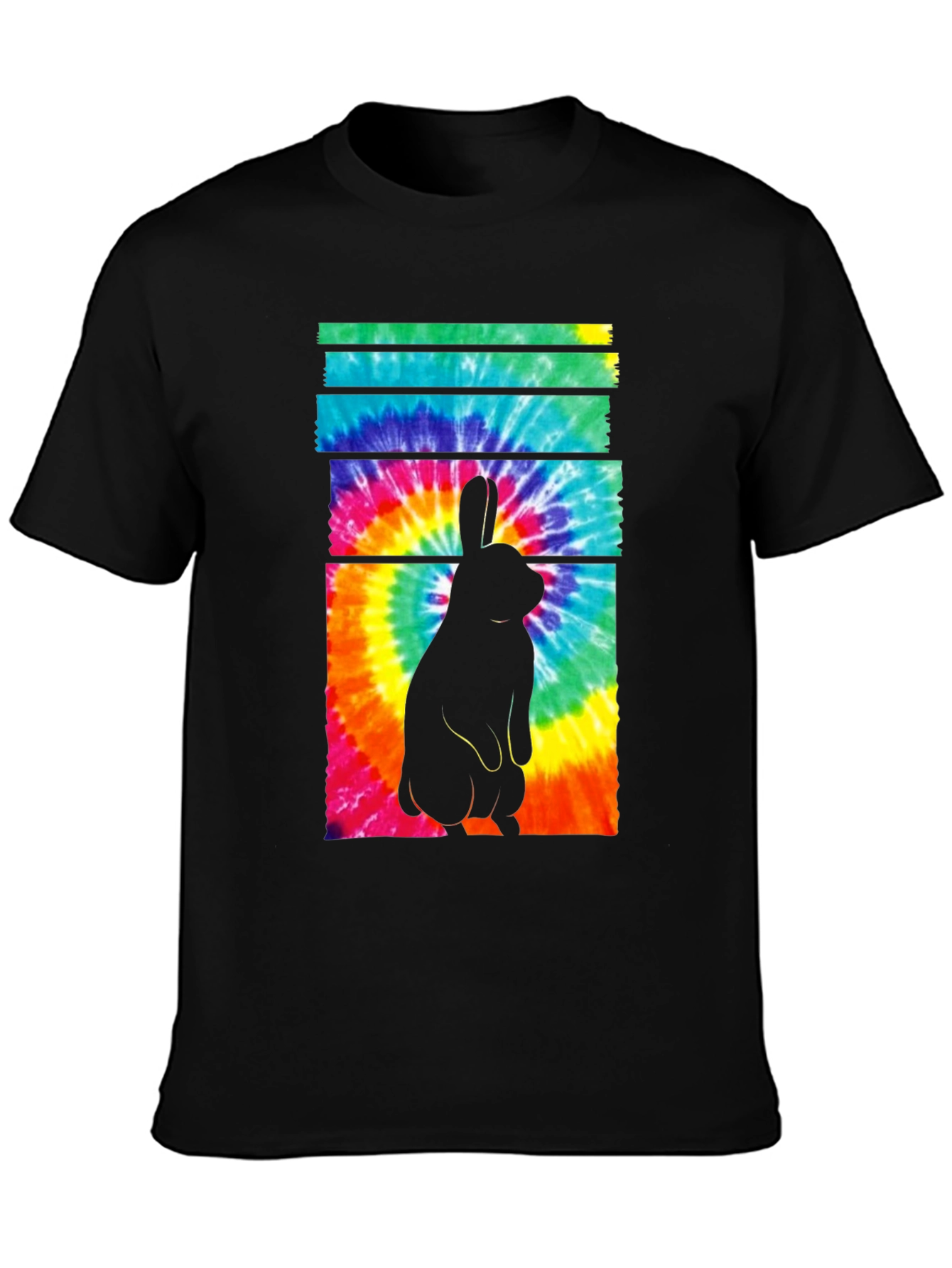Tie-Dye Rabbit Graphic Tee - Casual Black T-Shirt