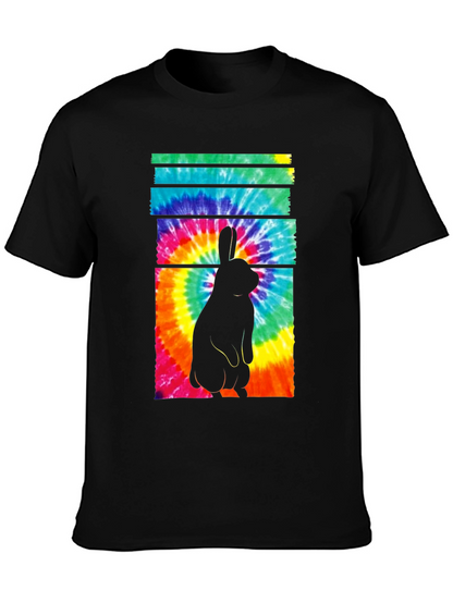 Tie-Dye Rabbit Graphic Tee - Casual Black T-Shirt