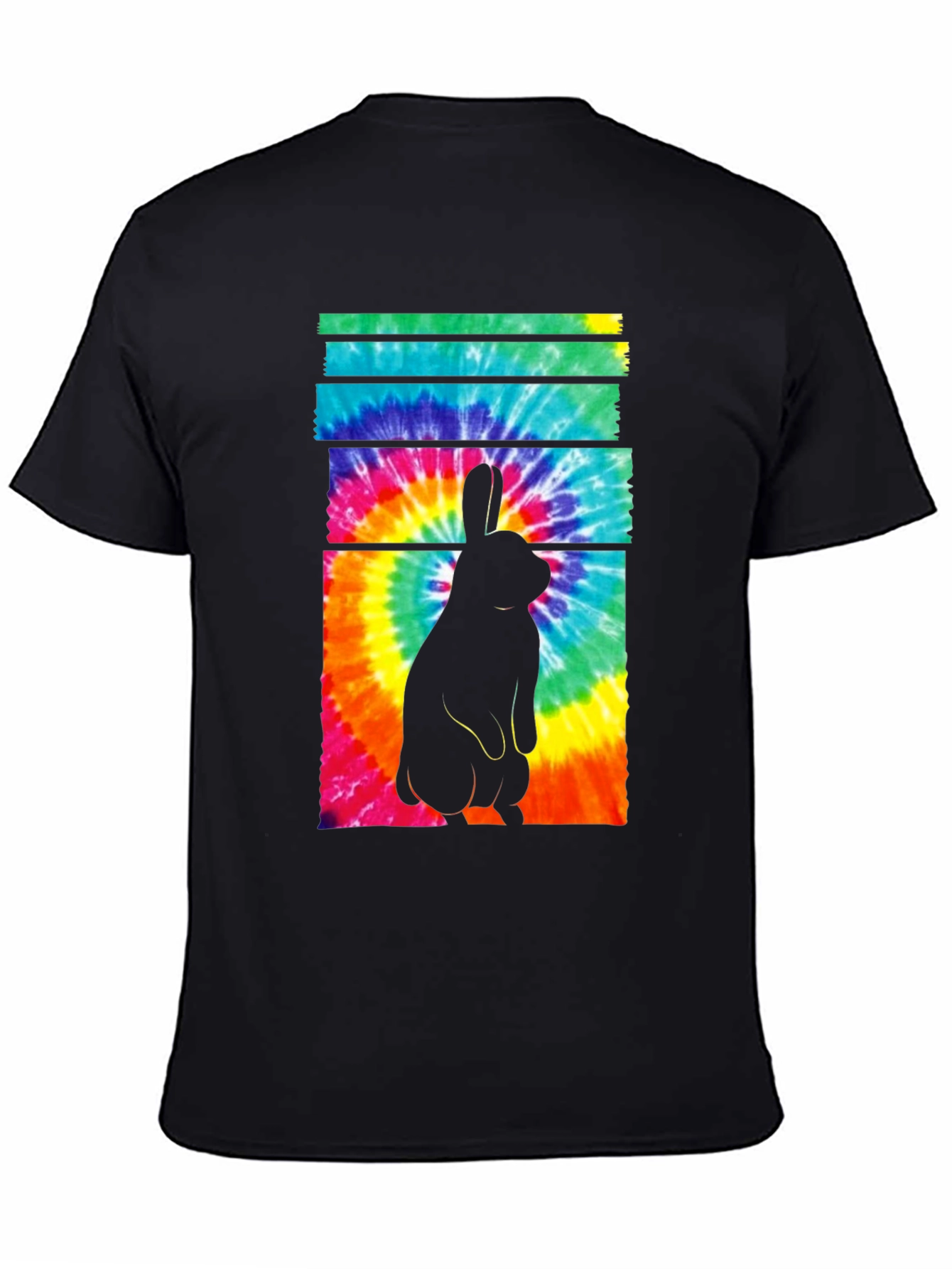 Tie-Dye Rabbit Graphic Tee - Casual Black T-Shirt
